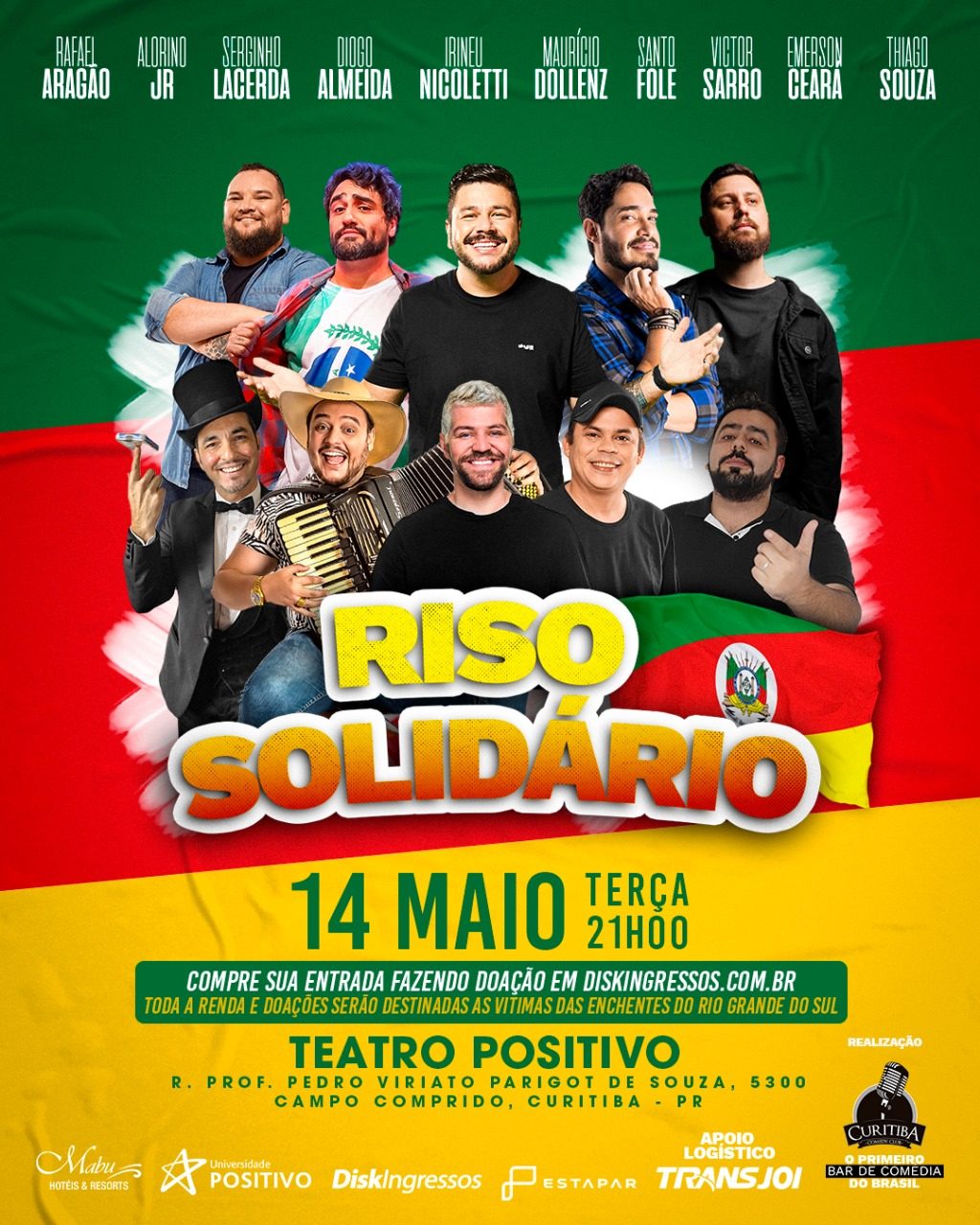 Curitiba recebe o show de humor no Teatro Positivo para arrecadar fundos às vítimas das enchentes no Rio Grande do Sul