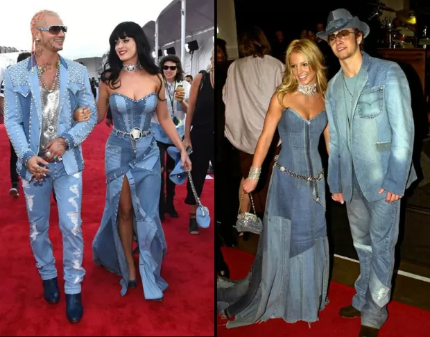 Britney Spears e Justin Timberlake look jeans VMA / Katy Perry replicou o look em 2014