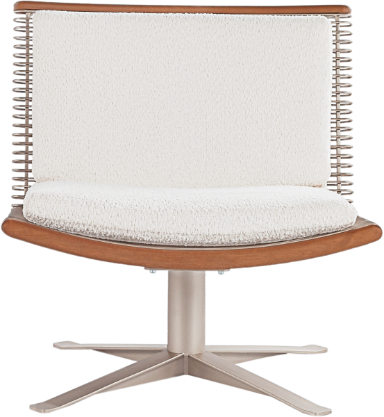 Poltrona e banqueta com estrutura em metal, disponível nas cores metalizadas cinza, champagne, preta e dourada. Detalhes em madeira maciça, tecido ou couro. A produção da poltrona e da banqueta é feita a mão — com mais de 400 pontos de solda em sua estrutura, um trabalho artesanal e personalizado.