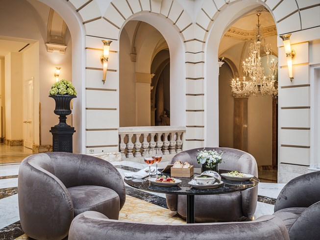 Anantara New York Palace Budapest Hotel Lobby Atrium Wine Drink Food