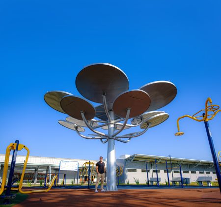 O artista visual André Baía junto com a sua criação, a Araucária Solar. (Foto: Matheus Sebbens Rhinow)