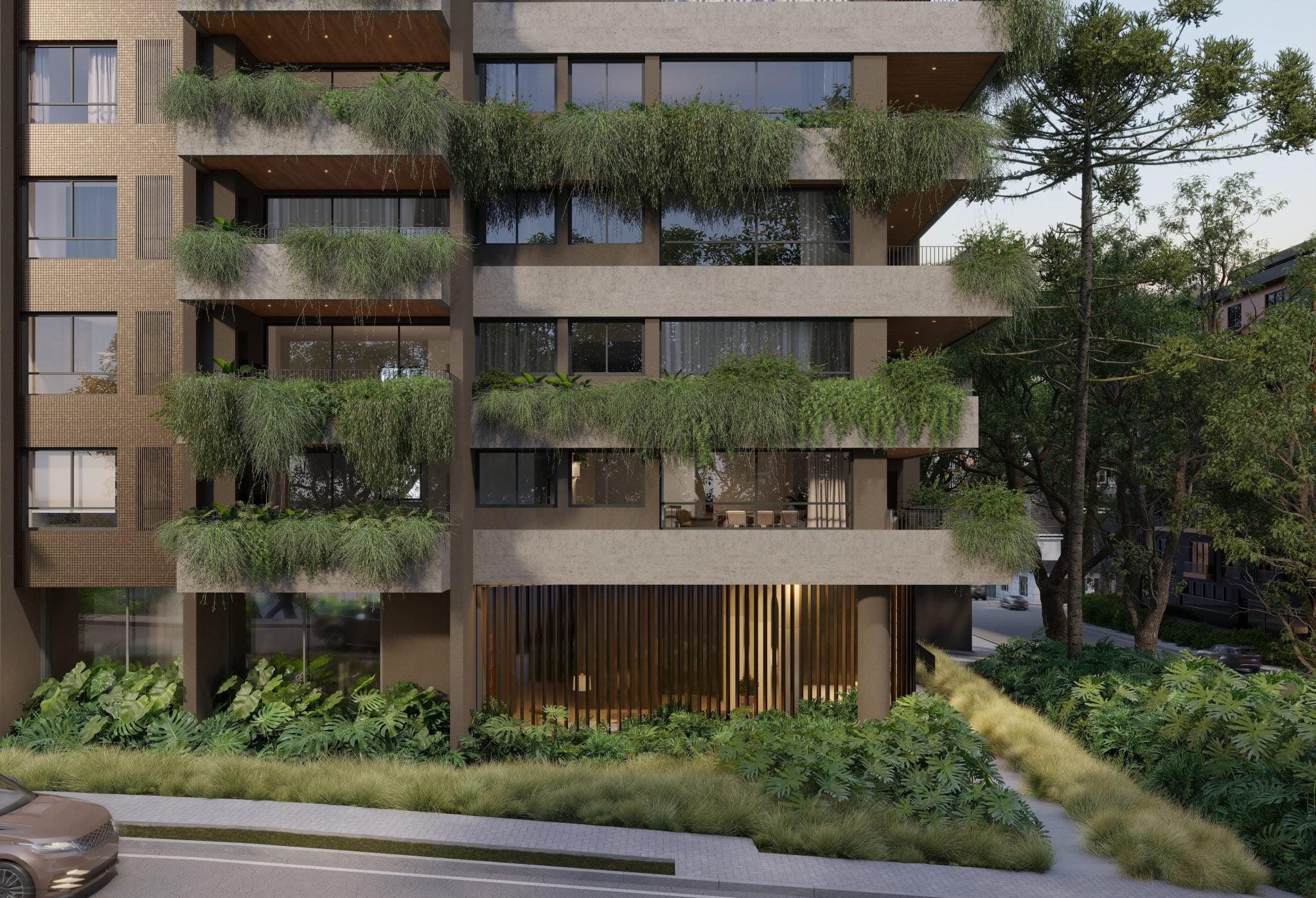 fachada de um projeto arquitetônico com elementos de vegetação nas sacadas