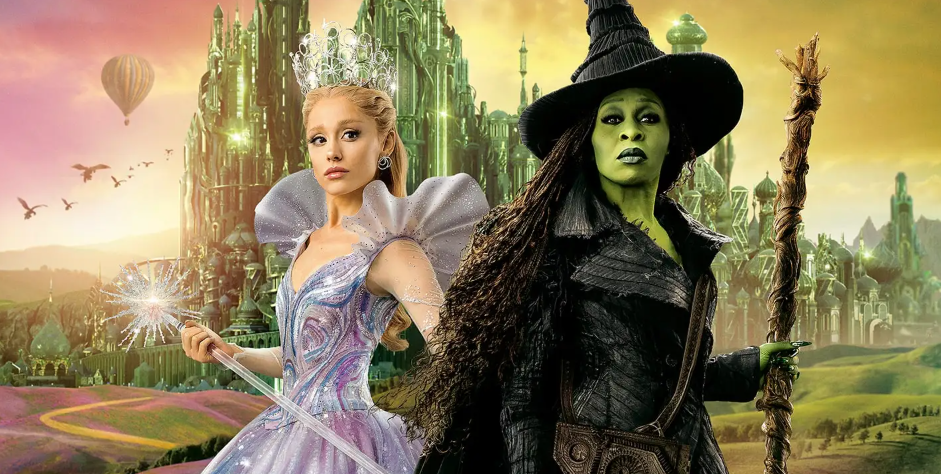 Duas figuras mágicas contrastam entre luz e escuridão diante de uma cidade fantástica ao fundo.