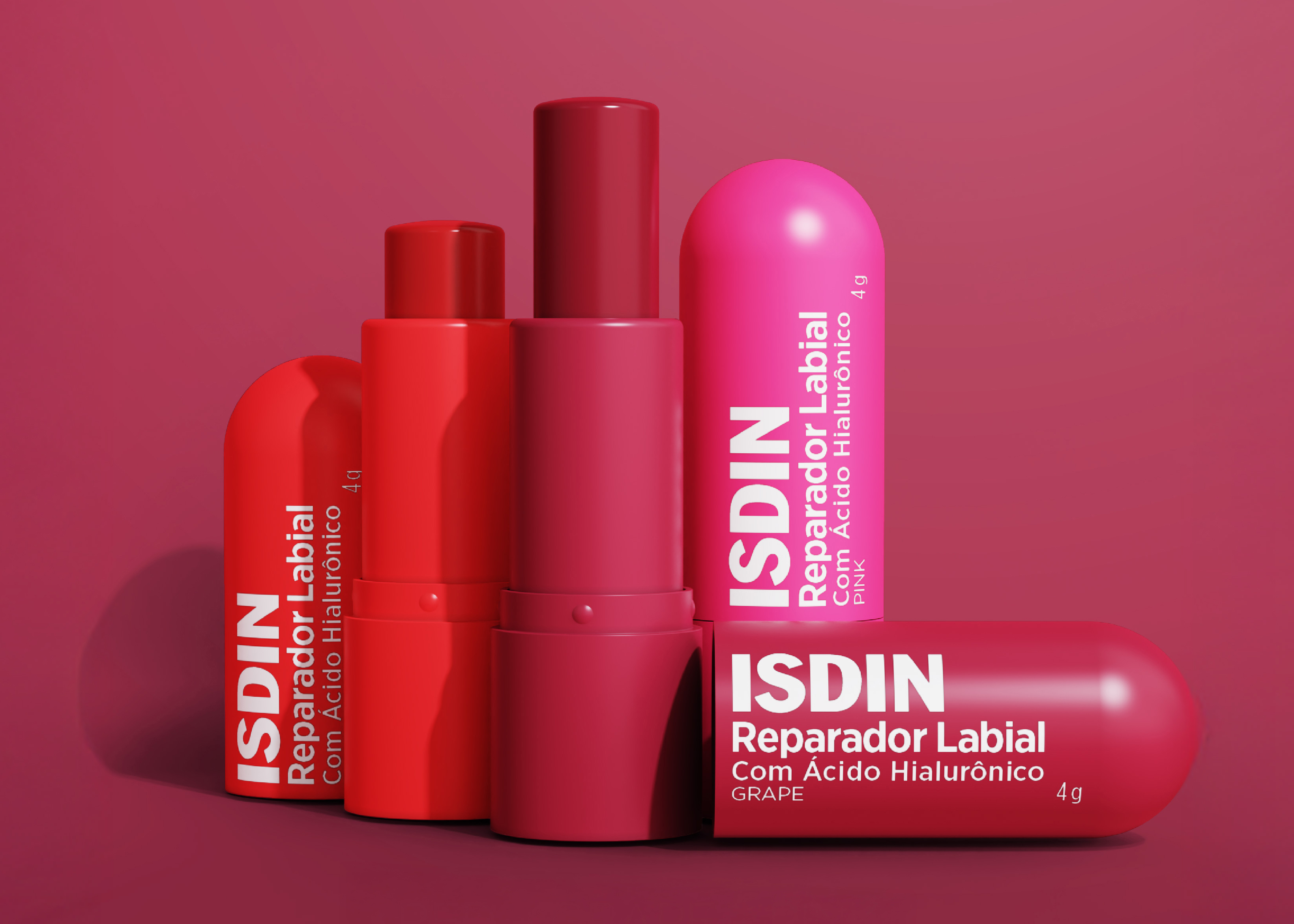 Embalagens de batom em tons de rosa e vermelho